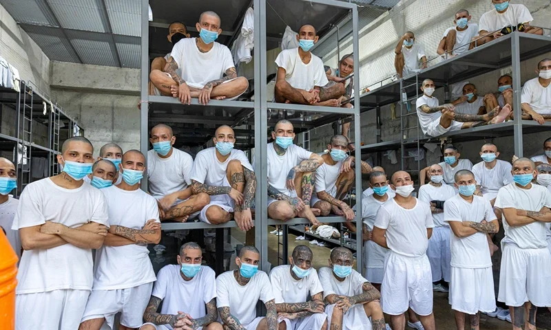 TECOLUCA, EL SALVADOR - AUGUST 21: In this handout picture provided by the Salvadoran presidency Inmates remain at their cell during a humanitarian visit to counter-terrorism confinement center CECOT (SPANISH: Centro de Confinamiento del Terrorismo) on August 21, 2023 in Tecoluca, El Salvador. The visit was led by Presidential Commissioner for Human Rights and Freedom of Expression, Andrés Guzman Caballero. (Photo by Handout/Getty Images)