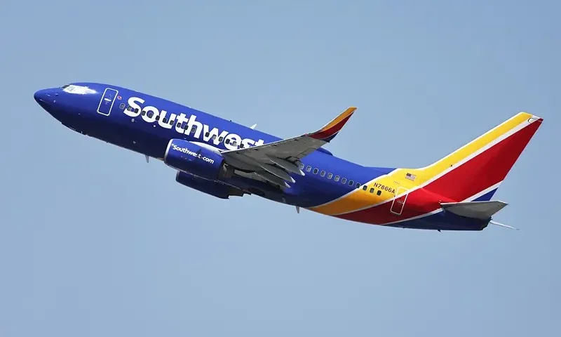 A Southwest Airlines plane takes off from Hollywood Burbank Airport on July 25, 2024 in Burbank, California. Southwest Airlines has announced it will discontinue its 50 year policy of open seating and will assign seats including premium seating in an effort to broaden its appeal. (Photo by Mario Tama/Getty Images)