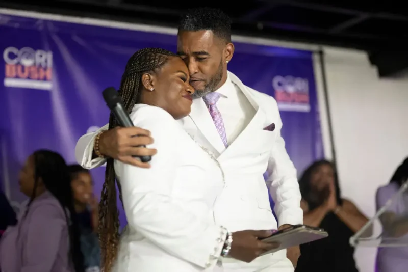 ST LOUIS, MISSOURI - AUGUST 6: U.S. Rep. Cori Bush (D-MO) kisses husband Cortney Marritts prior to delivering her concession speech during a primary election watch party at Chevre Events on August 6, 2024 in St Louis, Missouri. Bush lost Tuesday's Democratic primary to St. Louis County Prosecutor Wesley Bell. (Photo by Michael B. Thomas/Getty Images)
