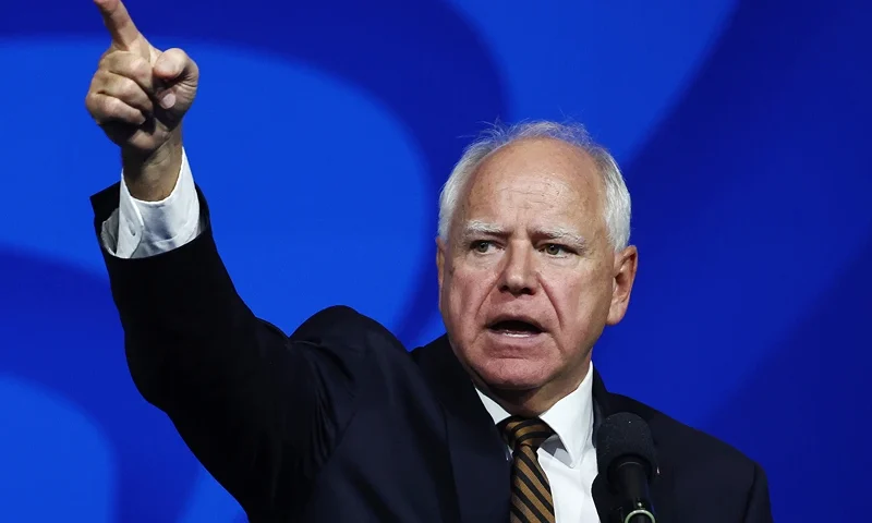 LOS ANGELES, CALIFORNIA - AUGUST 13: Democratic vice presidential candidate Minnesota Governor Tim Walz speaks at the 46th International Convention of the American Federation of State, County and Municipal Employees (AFSCME) at the Los Angeles Convention Center on August 13, 2024 in Los Angeles, California. Walz made his first solo appearance as the running mate for Democratic presidential candidate, U.S. Vice President Kamala Harris at the event. AFSCME is a union representing 1.4 million public service workers nationwide. (Photo by Mario Tama/Getty Images)