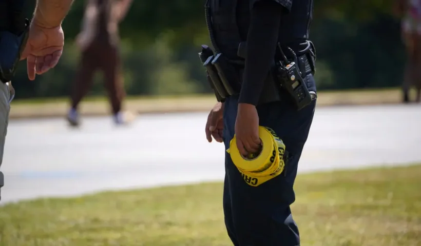 WINDER, GEORGIA - SEPTEMBER 4: A law enforcement officer holds a roll of caution tape after a shooting at Apalachee High School on September 4, 2024 in Winder, Georgia. Multiple fatalities and injuries have been reported and a suspect is in custody according to authorities.(Photo by Megan Varner/Getty Images)