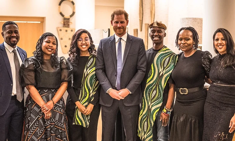 JOHANNESBURG, SOUTH AFRICA - OCTOBER 03: (L-R) George Sibotshiwe, Executive Director, Vuyo Lutseke, Youth Reporter Mary-Ann Nobele, Prince Harry, Duke of Sussex, Youth Reporter Musa Khuzwayo, Thando Mbele-Sibotshiwe and Dr Bhakti Hansoti attend a Sentebale reception and panel discussion at The Saxon Hotel in Johannesburg, South Africa. The event was supported by Baker McKenzie. The purpose was to convene global and local corporations and business leaders to discuss accelerating sustainable solutions for prosperity for young people in the region, including closing the digital divide on October 03, 2024 in Johannesburg, South Africa. (Photo by Brian Otieno/Getty Images for Sentebale)