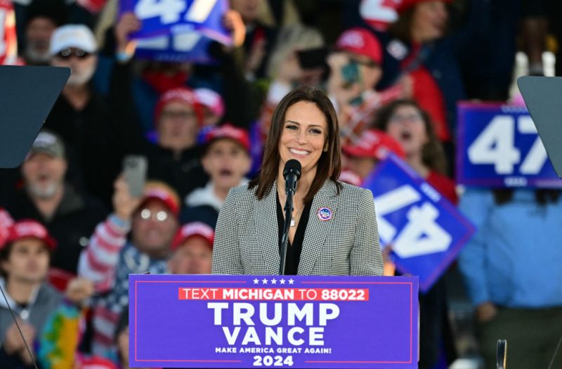 Conservative political commentator Tudor Dixon speaks during a campaign rally with former US President Republican presidential candidate Donald Trump in Traverse City, Michigan on October 25, 2024. (Photo by Jim WATSON / AFP) (Photo by JIM WATSON/AFP via Getty Images)
