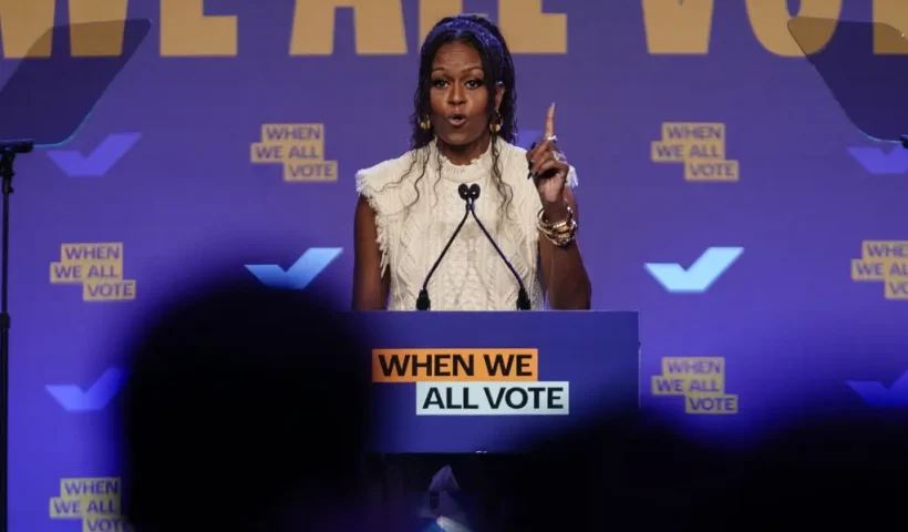 COLLEGE PARK, GEORGIA - OCTOBER 29: Former first lady Michelle Obama speaks at a When We All Vote rally on October 29, 2024 in College Park, Georgia. With one week until Election Day, top surrogates for Kamala Harris including the Obamas continue to campaign on her behalf in battleground states. (Photo by Elijah Nouvelage/Getty Images)