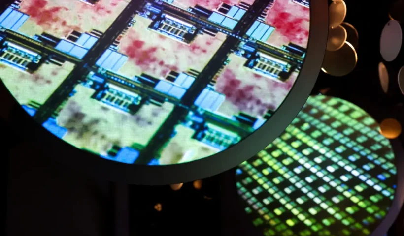 An image of an electronic wafer is displayed at the Taiwan Semiconductor Manufacturing Company (TSMC) Museum of Innovation in Hsinchu on November 21, 2024. (Photo by I-Hwa CHENG / AFP) (Photo by I-HWA CHENG/AFP via Getty Images)