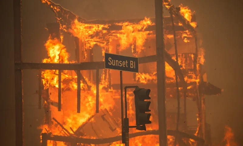 LOS ANGELES, CALIFORNIA - JANUARY 8: Flames from the Palisades Fire burn a building on Sunset Boulevard amid a powerful windstorm on January 8, 2025 in the Pacific Palisades neighborhood of Los Angeles, California. Fueled by intense Santa Ana Winds, the Palisades Fire has grown to over 15,000 acres and 30,000 people have been ordered to evacuate while a second major fire continues to burn near Eaton Canyon in Altadena. (Photo by Apu Gomes/Getty Images)