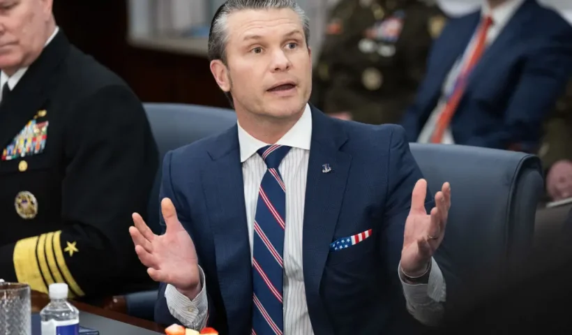 US Secretary of Defense Pete Hegseth speaks as he meets with Saudi Defense Minister Prince Khalid bin Salman at the Pentagon in Washington, DC, on February 24, 2025. (Photo by SAUL LOEB / AFP) (Photo by SAUL LOEB/AFP via Getty Images)