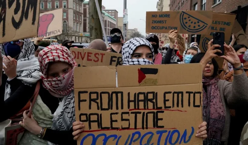 Pro-Palestinian student protesters demonstrate outside Barnard College in New York on February 27, 2025, the morning after pro-Palestinian student protesters stormed a Barnard College building to protest the expulsion last month of two students who interrupted a university class on Israel. (Photo by TIMOTHY A. CLARY / AFP) (Photo by TIMOTHY A. CLARY/AFP via Getty Images)