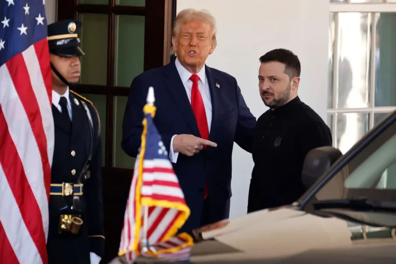 WASHINGTON, DC - FEBRUARY 28: (L-R) U.S. President Donald Trump greets Ukrainian President Volodymyr Zelensky as he arrives at the White House on February 28, 2025 in Washington, DC. Trump and Zelensky are meeting today to sign a preliminary agreement on sharing Ukraine’s mineral resources that Trump says will allow America to recoup aid provided to Kyiv while supporting Ukraine’s economy. (Photo by Chip Somodevilla/Getty Images)