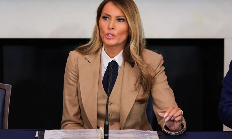 U.S. first lady Melania Trump speaks during a roundtable discussion on the "Take It Down Act" in the Mike Mansfield Room at the U.S. Capitol on March 03, 2025 in Washington, DC. The "Take It Down Act" expands protections for victims of non-consensual sharing of sexual images, covering AI-generated content including deepfake pornography. (Photo by Kayla Bartkowski/Getty Images)