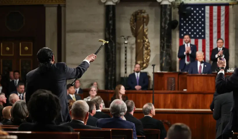 WASHINGTON, DC - MARCH 04: Rep. Al Green (D-TX) shouts out as U.S. President Donald Trump addresses a joint session of Congress at the U.S. Capitol on March 04, 2025 in Washington, DC. President Trump was expected to address Congress on his early achievements of his presidency and his upcoming legislative agenda. (Photo by Win McNamee/Getty Images)