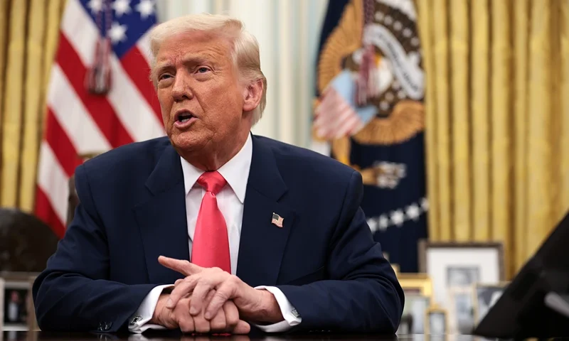 WASHINGTON, DC - MARCH 06: U.S. President Donald Trump speaks before signing executive orders in the Oval Office of the White House on March 06, 2025 in Washington, DC. President Trump signing a series of executive orders, including, lifting 25% tariffs for all goods compliant under USMCA trade agreement, terminating the security clearances of those who work at the law firm Perkins Coie, combating drug trafficking at the northern border and announced a $20 billion investment by shipping giant CMA CGM for U.S. infrastructure and jobs. (Photo by Alex Wong/Getty Images)