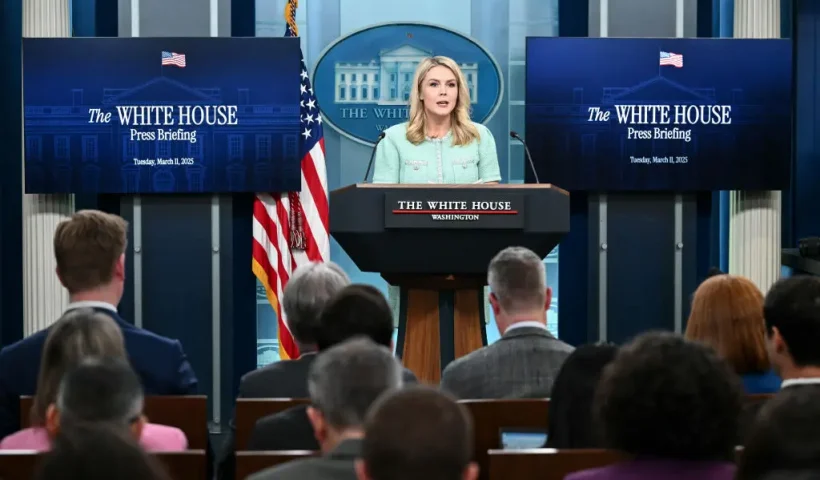 White House Press Secretary Karoline Leavitt speaks during the daily briefing in the Brady Briefing Room of the White House in Washington, DC, on March 11, 2025. (Photo by Mandel NGAN / AFP) (Photo by MANDEL NGAN/AFP via Getty Images)