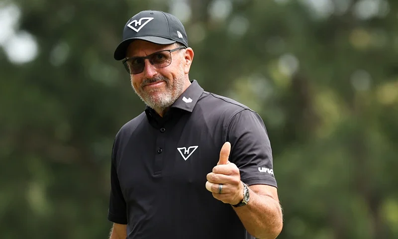 Phil Mickelson of Hyflyers GC celebrates the birdie on the 4th hole on day three of LIV Golf Hong Kong at The Hong Kong Golf Club on March 09, 2025 in Hong Kong, China. (Photo by Zhizhao Wu/Getty Images)