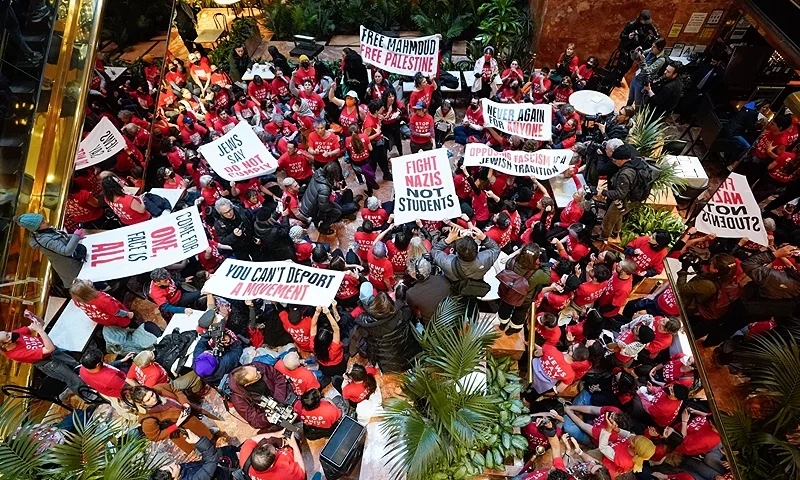 Demostrators from the human rights organization Jewish Voice for Peace hold a civil disobedience action inside Trump Tower in New York on March 13, 2025. (Photo by TIMOTHY A. CLARY / AFP) (Photo by TIMOTHY A. CLARY/AFP via Getty Images)