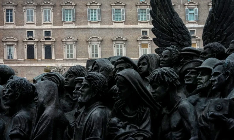ROME, ITALY - MARCH 10 The "Angels Unaware", sculpture by Canadian artist Timothy P. Schmalz, stands in front of the window of the apostolic palace where Pope Francis normally delivers his weekly blessing to people on March 10, 2025 in Vatican. Pope Francis was hospitalised in Rome on February 14 with bronchitis, and later developed pneumonia in both his lungs. (Photo by Christopher Furlong/Getty Images)