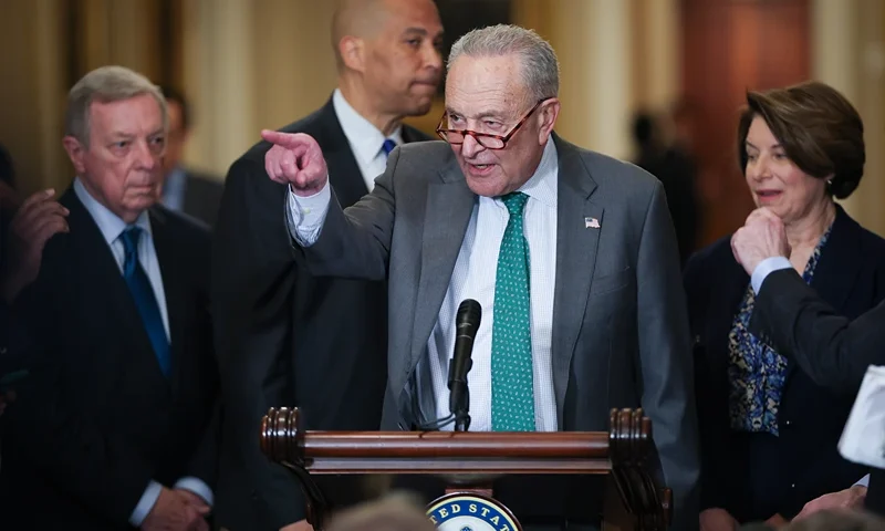 WASHINGTON, DC - MARCH 11: Senate Minority Leader Chuck Schumer (D-NY) speaks during a press conference following a policy luncheon at the U.S. Capitol on March 11, 2025 in Washington, DC. Schumer answered a range of questions during the press conference. (Photo by Win McNamee/Getty Images)