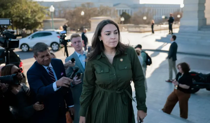 WASHINGTON, DC - MARCH 11: U.S. Rep. Alexandria Ocasio Cortez (D-NY) speaks to reporters during a series of votes at the Capitol on March 11, 2025 in Washington, DC. The House passed a bill to avert a Friday government shutdown by a 217-214 vote largely along party lines. The bill now moves to the Senate where it will need help from Democrats to move it past a filibuster. (Photo by Anna Moneymaker/Getty Images)
