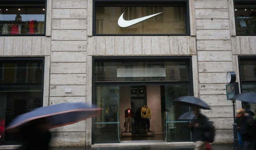 ROME, ITALY - MARCH 12: Shoppers and tourists walk past the US owned store Nike in the upmarket Via del Corso shopping area on March 12, 2025 in Rome, Italy. The European Union announced today that, from April 1, it would impose tariffs on iconic American products such as Harley-Davidson motorcycles, bourbon and jeans, in response to President Trump's imposition of global tariffs on steel and aluminium. (Photo by Christopher Furlong/Getty Images)