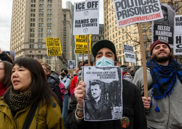 NEW YORK, NEW YORK - MARCH 12: Hundreds turn out outside of a New York court to protest the arrest and detention of Mahmoud Khalil, a green card holder and recent Columbia graduate who played a role in pro-Palestinian protests at the university on March 12, 2025 in New York City. A federal judge in New York will hear arguments for and against Khalil, a Palestinian and legal permanent resident of the United States. He was arrested by federal immigration agents in New York City on Saturday and was subsequently transferred to a facility in Jena, Louisiana, where he is being held. (Photo by Spencer Platt/Getty Images)