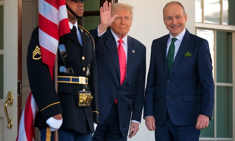 WASHINGTON, DC - MARCH 12: U.S. President Donald Trump (L) greets Irish Taoiseach Micheal Martin at the North Portico of the White House West Wing on March 12, 2025 in Washington, DC. Martin is visiting the United States for the Irish leader's annual St. Patrick's Day visit where he met with Trump ahead of a St. Patrick's Day luncheon with Congressional leaders. (Photo by Chip Somodevilla/Getty Images)
