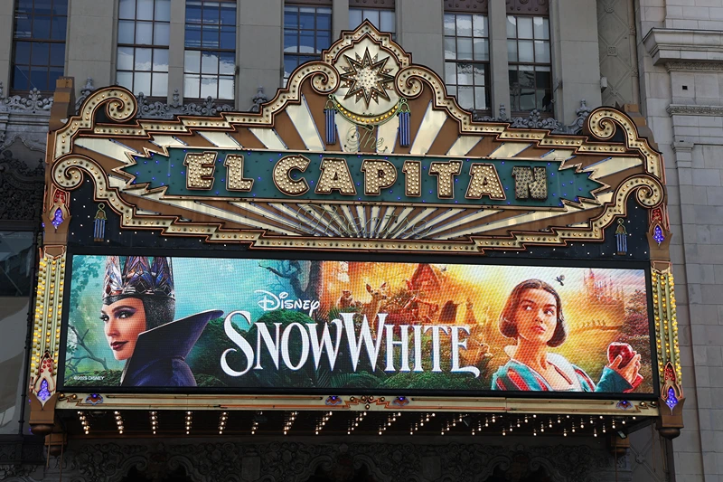 The marquee of the El Capitan theatre is seen during the world premiere of Disney's "Snow White" in Los Angeles, March 15, 2025. (Photo by VALERIE MACON / AFP) (Photo by VALERIE MACON/AFP via Getty Images)