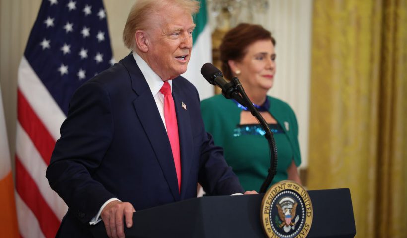 WASHINGTON, DC - MARCH 12: U.S President Donald Trump speaks during a St. Patrick’s Day event with Irish Taoiseach Micheál Martin and his wife Mary O'Shea in the East Room of the White House on March 12, 2025 in Washington, DC. Martin traveled to the United States for the Irish leader's annual St. Patrick's Day visit where he attended a luncheon with Congressional leaders and a meeting in the Oval Office with Trump. (Photo by Kayla Bartkowski/Getty Images)