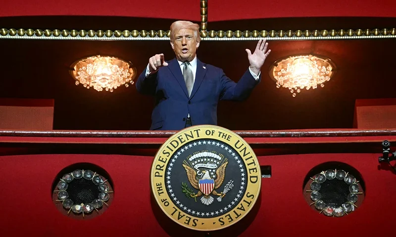 US President Donald Trump stands in the presidential box as he tours the John F. Kennedy Center for the Performing Arts in Washington, DC, on March 17, 2025. Trump was appointed chairman of the Kennedy Center on February 12, 2025, as a new board of trustees loyal to the US president brought his aggressive rightwing, anti-"woke" stamp to Washington's premier arts venue. (Photo by Jim WATSON / AFP) (Photo by JIM WATSON/AFP via Getty Images)