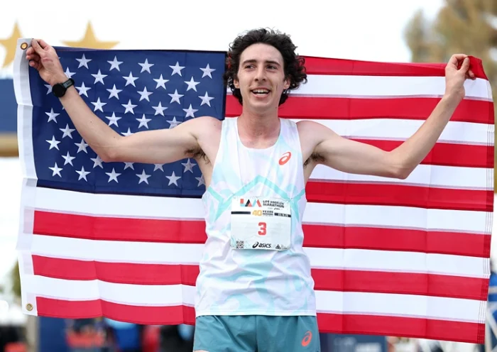 : Matt Richtman of the United States celebrates after crossing the finish line and winning the 2025 Los Angeles Marathon at Westfield Century City on March 16, 2025 in Los Angeles, California. (Photo by Luke Hales/Getty Images)