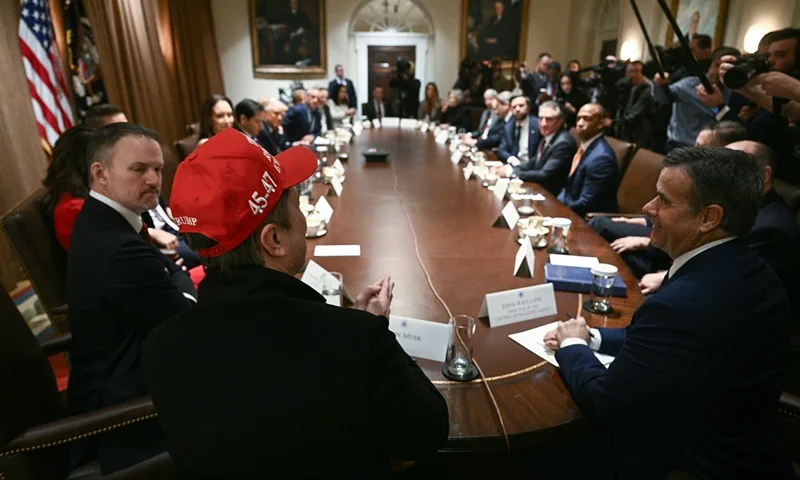 Elon Musk, wearing a red hat, speaks as US President Donald Trump hosts a cabinet meeting in the Cabinet Room of the White House on March 24, 2025, in Washington, DC. (Photo by Brendan SMIALOWSKI / AFP) (Photo by BRENDAN SMIALOWSKI/AFP via Getty Images)