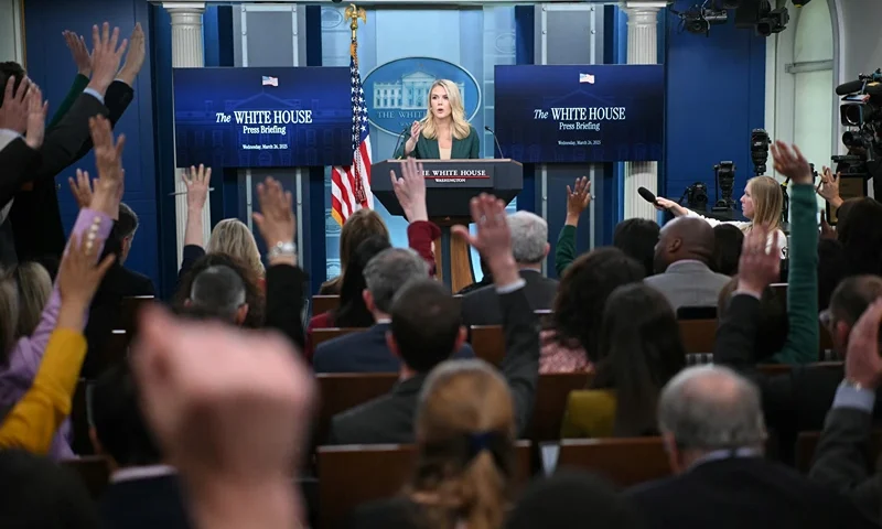 White House Press Secretary Karoline Leavitt speaks during the daily briefing in the Brady Briefing Room of the White House in Washington, DC, on March 26, 2025. (Photo by Mandel NGAN / AFP) (Photo by MANDEL NGAN/AFP via Getty Images)