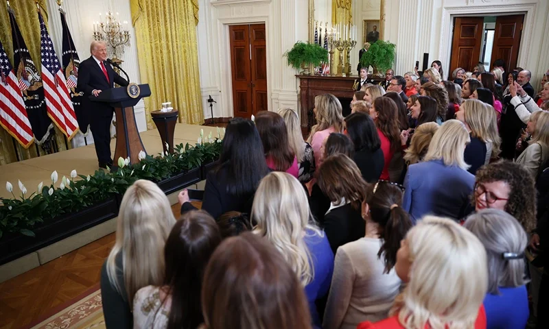 U.S. President Donald Trump speaks during a Women's History Month event in the East Room of the White House on March 26, 2025 in Washington, DC. President Trump announced the launch of a new caucus named the Republican Women’s Caucus, led by U.S. Rep. Kat Cammack (R-FL). (Photo by Win McNamee/Getty Images