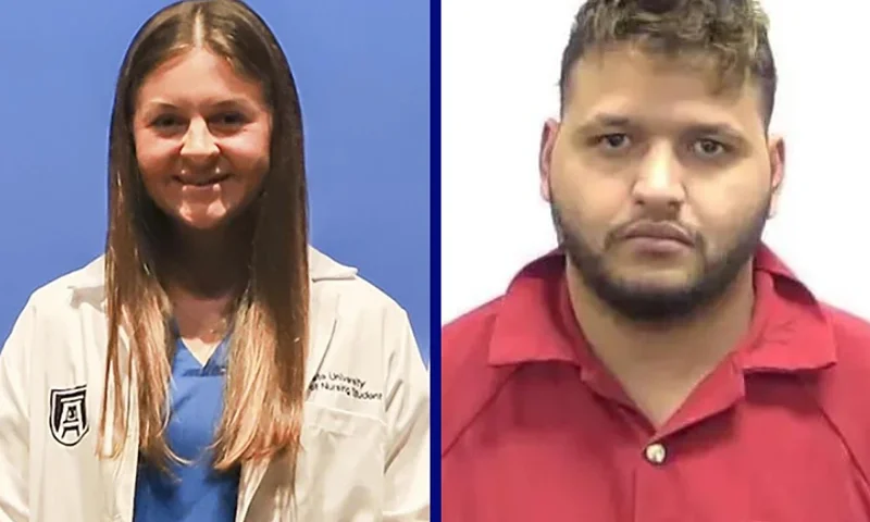 (L) FILE – This undated image provided by Augusta University shows Laken Hope Riley, a nursing student whose body was found Thursday, Feb. 22, 2024, on the University of Georgia campus in Athens, Ga., after not returning from a run. (Augusta University via AP, File) / (R) Jose Ibarra. (Photo via: Clarke County Sheriff’s Office)