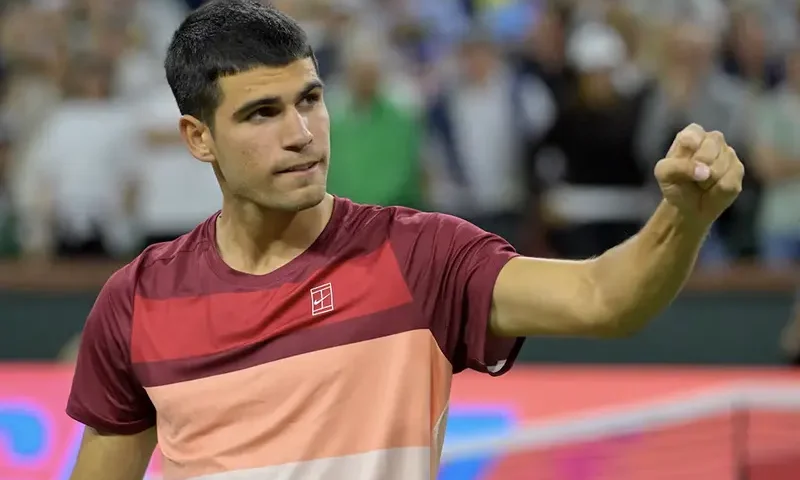 Carlos Alcaraz (ESP) celebrates after defeating Denis Shapovalov (not pictured) in his third round match at the BNP Paribas Open at the Indian Well Tennis Garden. Mandatory Credit: Jayne Kamin-Oncea-Imagn Images