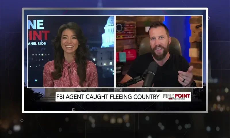 Video still from Fine Point on One America News Network showing a split screen of the host on the left side, and on the right side is the guest, Kyle Seraphin.