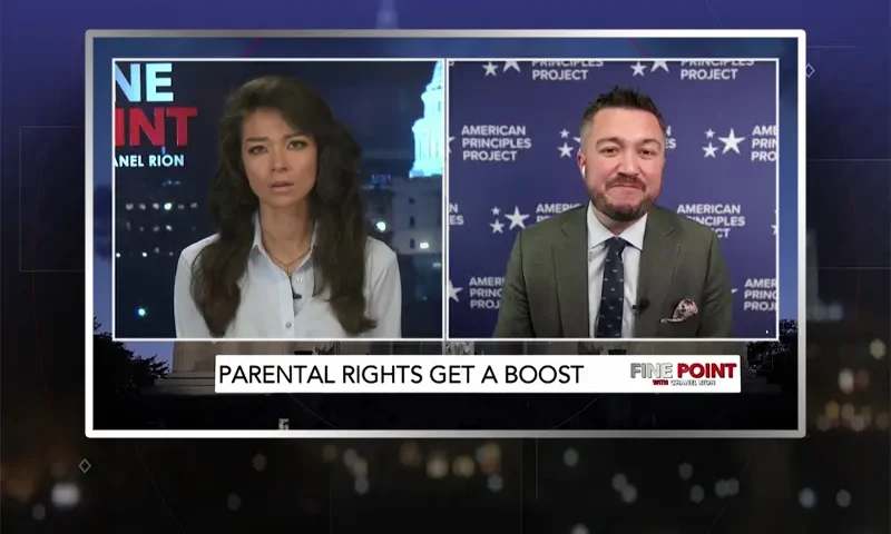 Video still from Fine Point on One America News Network showing a split screen of the host on the left side, and on the right side is the guest, Terry Schilling.