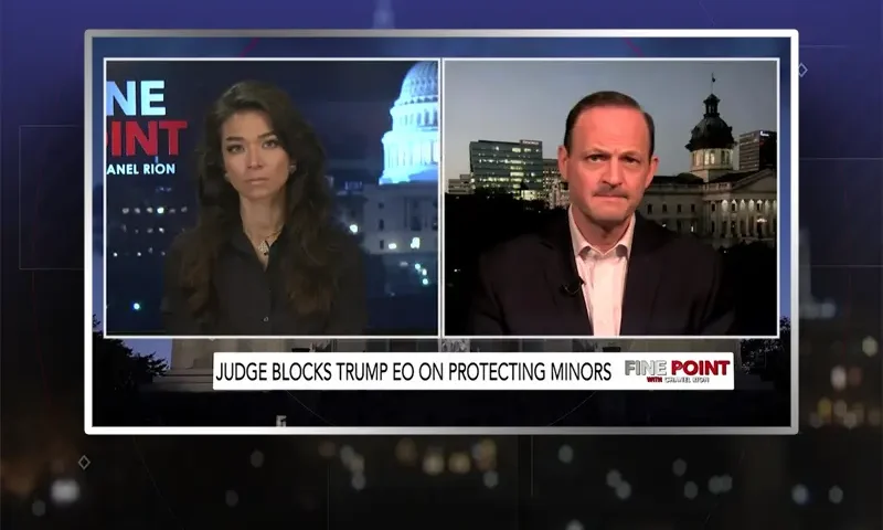 Video still from Fine Point on One America News Network showing a split screen of the host on the left side, and on the right side is the guest, Alan Wilson.