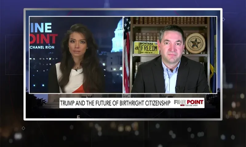 Video still from Fine Point on One America News Network showing a split screen of the host on the left side, and on the right side is the guest, Austin Knudsen.