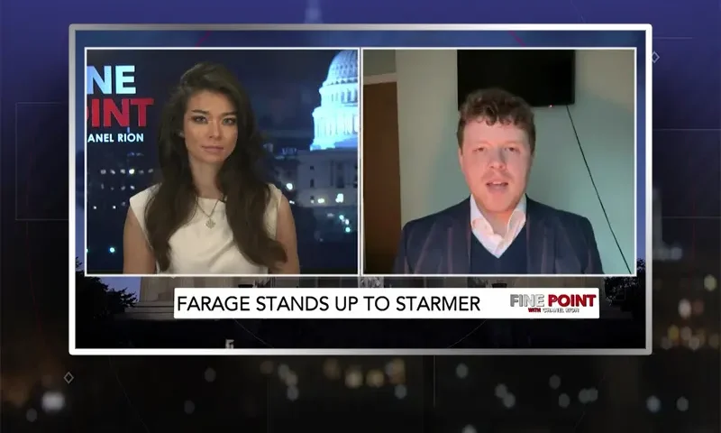 Video still from Fine Point on One America News Network showing a split screen of the host on the left side, and on the right side is the guest, Joseph Robertson.