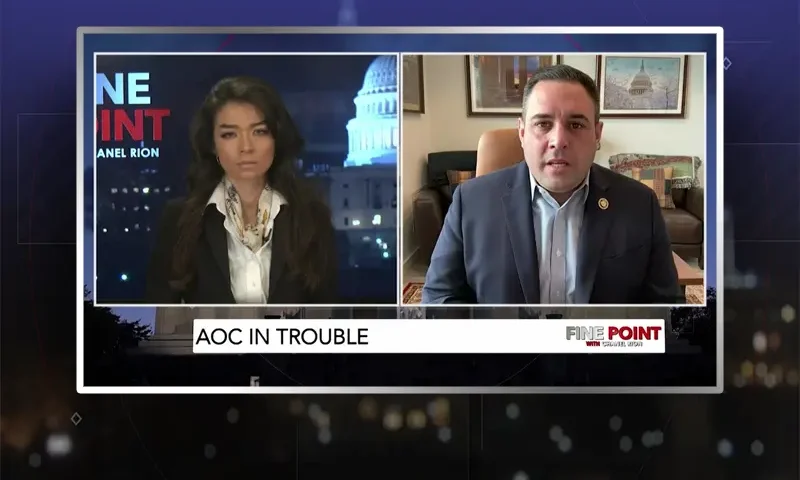 Video still from Fine Point on One America News Network showing a split screen of the host on the left side, and on the right side is the guest, Anthony D'Esposito.