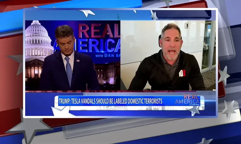 Video still from Real America on One America News Network showing a split screen of the host on the left side, and on the right side is the guest, Grant Cardone.