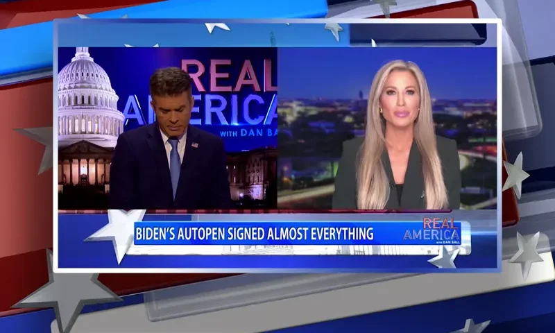 Video still from Real America on One America News Network showing a split screen of the host on the left side, and on the right side is the guest, Jenn Pellegrino.