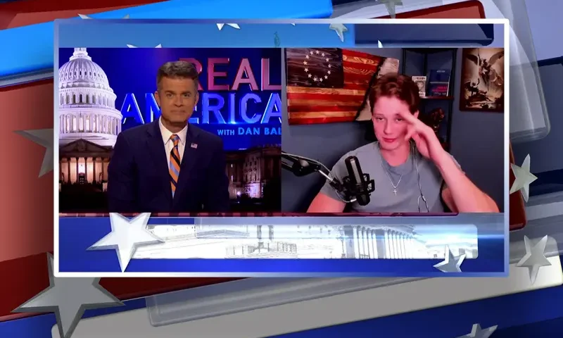 Video still from Real America on One America News Network showing a split screen of the host on the left side, and on the right side is the guest, Braeden Sorbo.