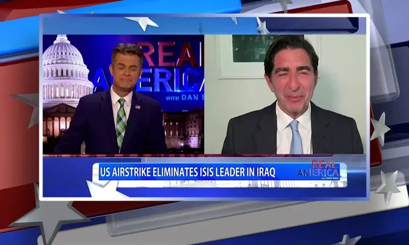 Video still from Real America on One America News Network showing a split screen of the host on the left side, and on the right side is the guest, Harley Lippman.