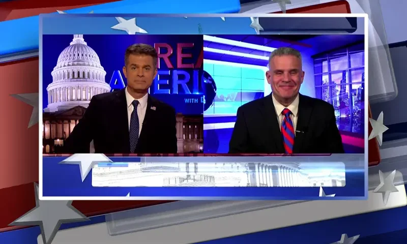 Video still from Real America on One America News Network showing a split screen of the host on the left side, and on the right side is the guest, Dan Geltrude.