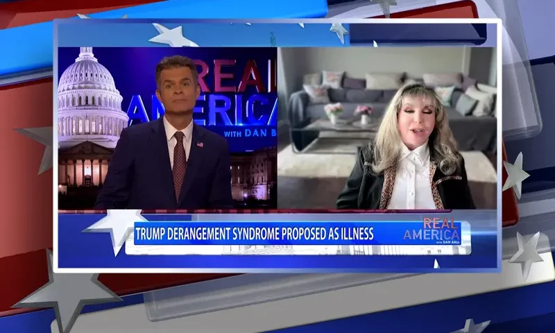 Video still from Real America on One America News Network showing a split screen of the host on the left side, and on the right side is the guest, Carole Liberman.