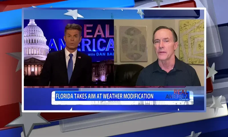 Video still from Real America on One America News Network showing a split screen of the host on the left side, and on the right side is the guest, Dane Wigington.