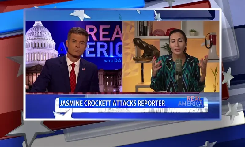 Video still from Real America on One America News Network showing a split screen of the host on the left side, and on the right side is the guest, Laura Loomer.