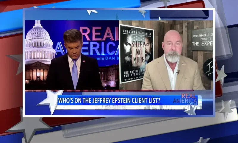 Video still from Real America on One America News Network showing a split screen of the host on the left side, and on the right side is the guest, Jonathan Gilliam.