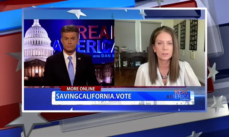 Video still from Real America on One America News Network showing a split screen of the host on the left side, and on the right side is the guest, Melissa Melendez.